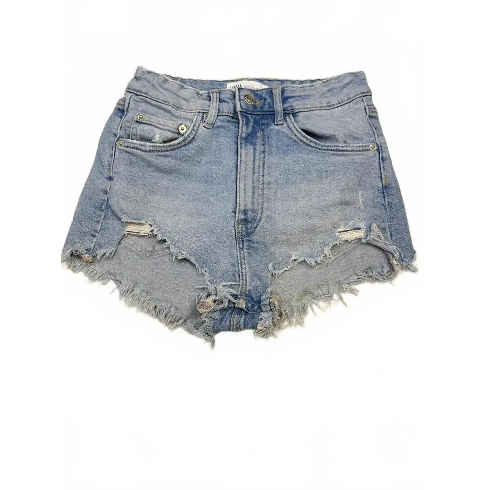 Zara Light Blue Frayed Raw Hem Ripped Jean Shorts Women's Size 2